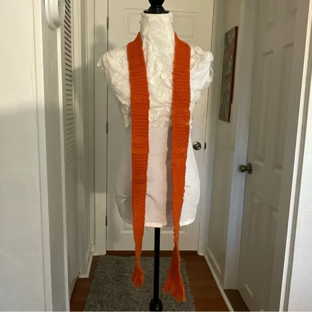 Burnt Orange Ribbed Knit Fringe Long Scarf